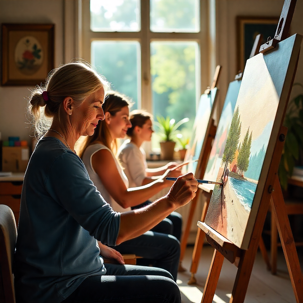 Mixed-media art desk with sketches and paints