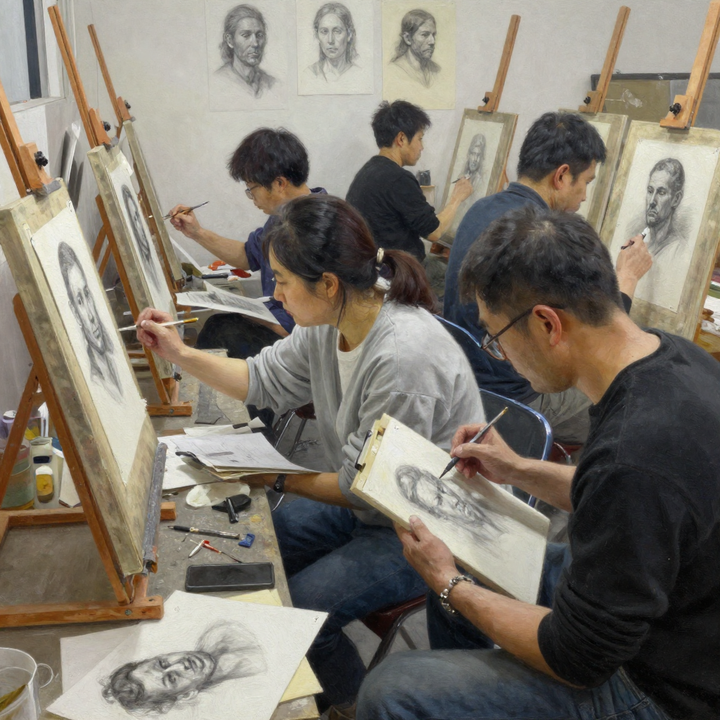 Art instructor demonstrating brush techniques