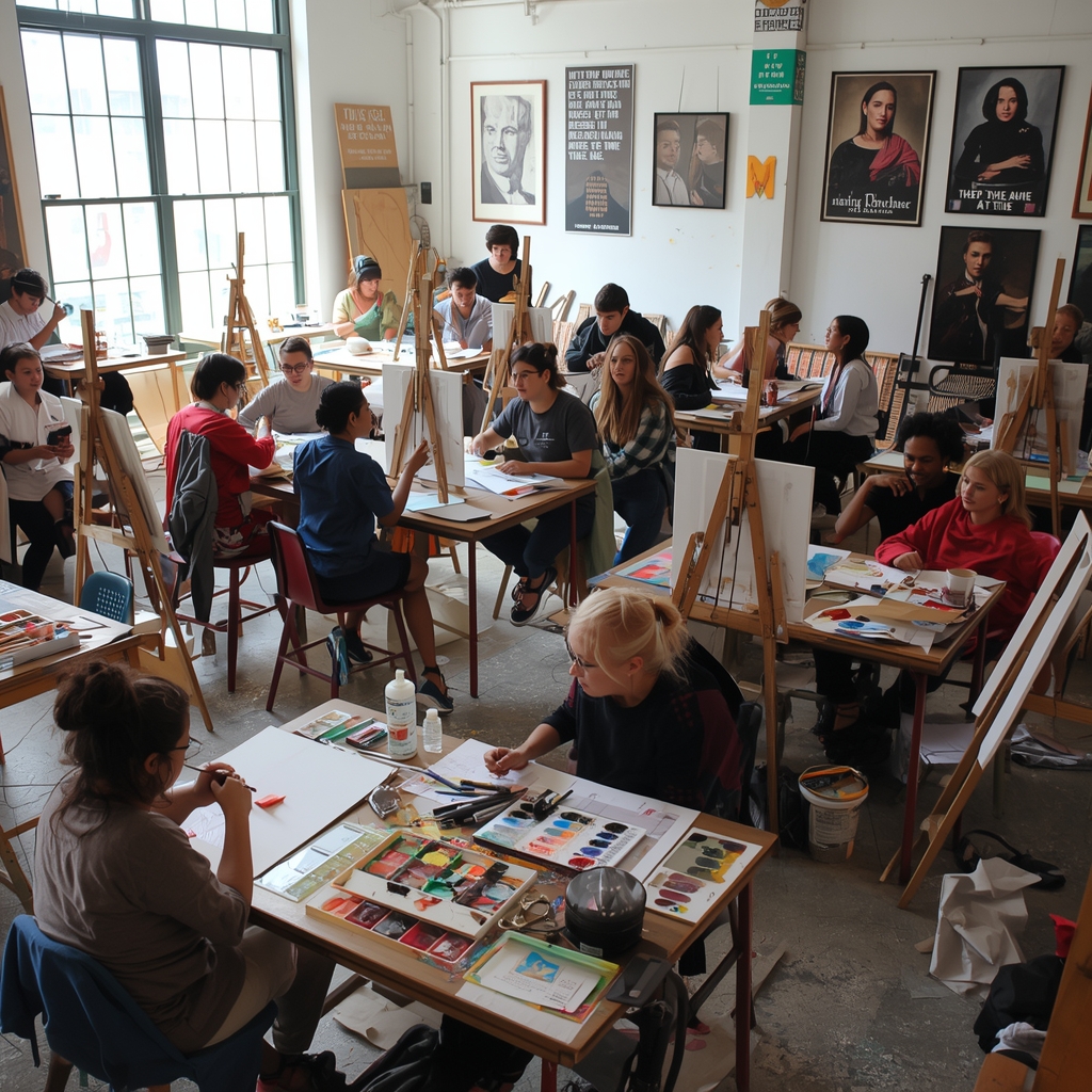 Artist refining a colorful painting on canvas